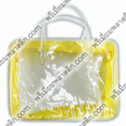 กระเป๋าพลาสติกใสทรงสี่เหลี่ยมข้างเลเซอร์เหลืองกุ๊นพลาสติกใส